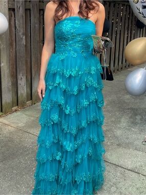 Strapless Teal Tiered Ruffle Evening Dress